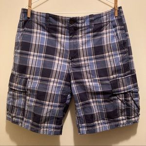 Eddie Bauer Blue Plaid Cargo Shorts, 34” Waist
